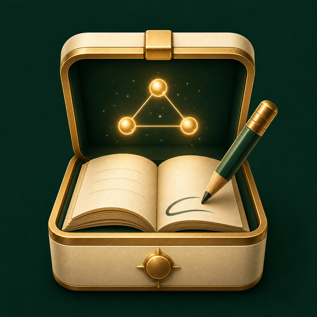 App-Symbol von Memoriae de Wittibus: ein goldenes Erinnerungsbuch in einer dunkelgrünen Schatulle