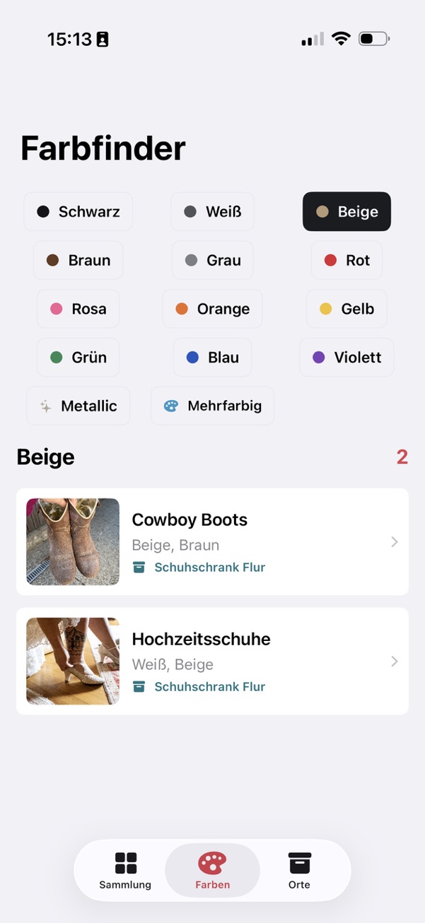 Farbfilter von Bootinizer mit ausgewählter Farbe Beige und passenden Schuhpaaren