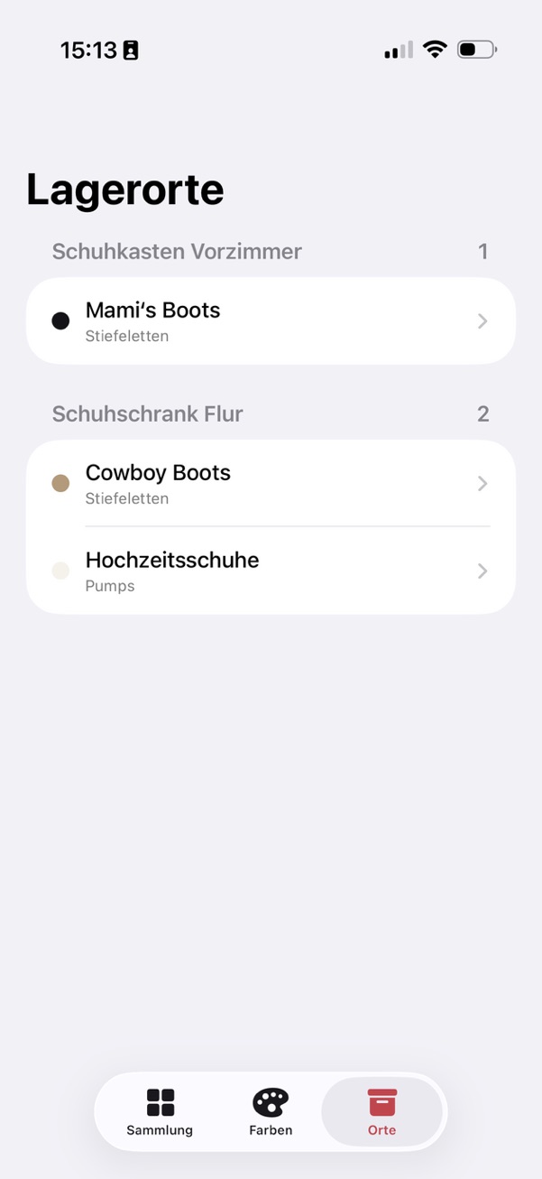 Lagerortansicht von Bootinizer mit nach Schuhkasten und Schuhschrank gruppierten Paaren