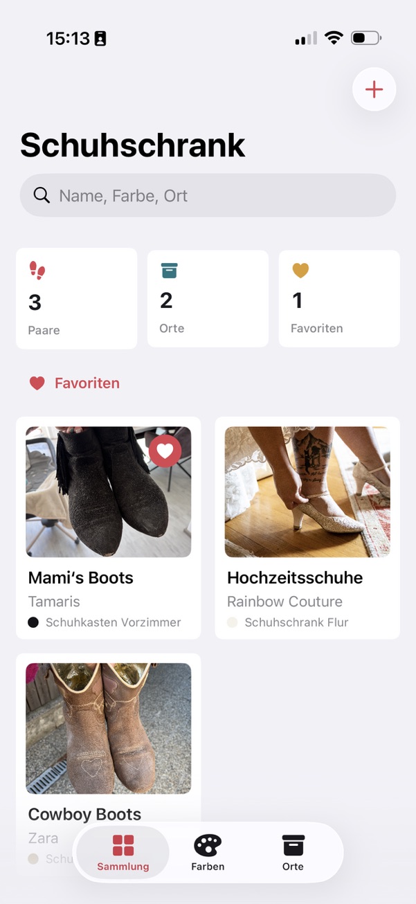 Sammlungsansicht von Bootinizer mit Favoriten, Suchfeld und drei gespeicherten Schuhpaaren